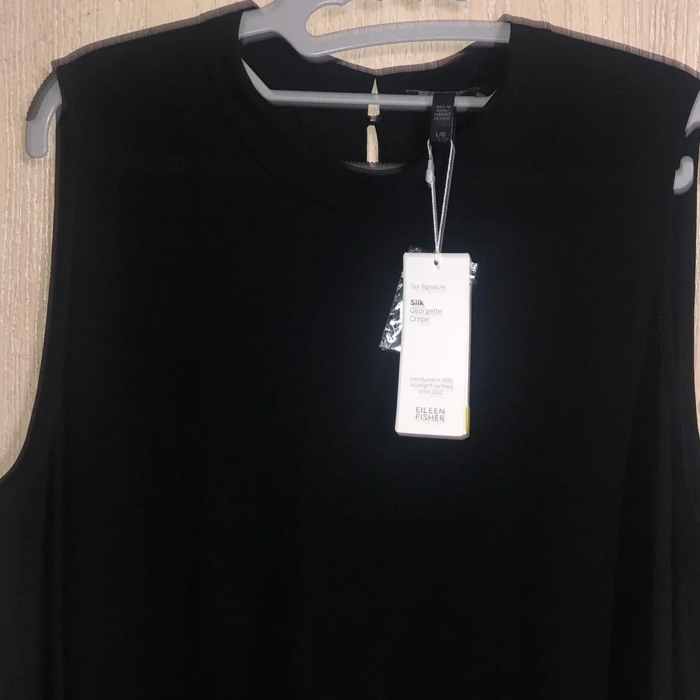 Eileen Fisher Silk Georgette Crepe Sleeveless Black Midi Dress L - Picture 3 of 9